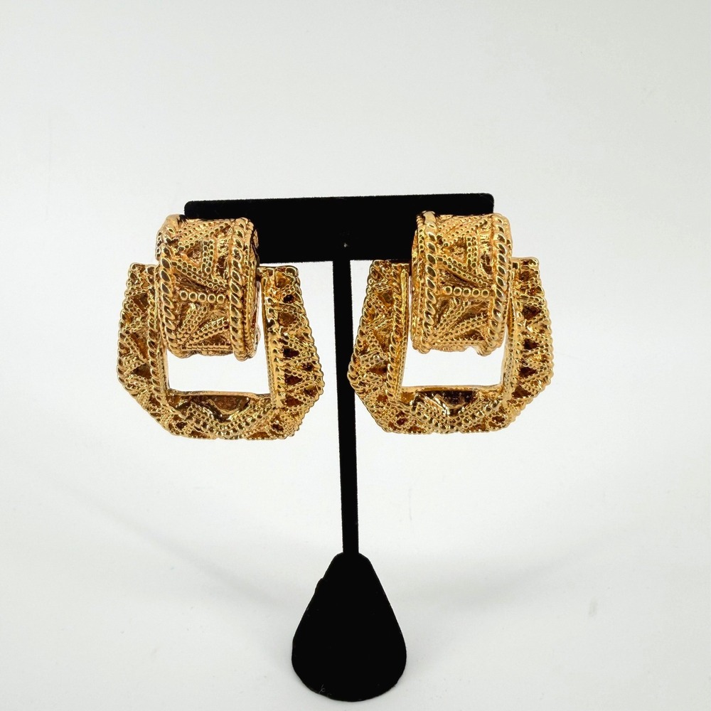 Kalinger Paris Vintage Gold Tone Door Knocker Clip On Earrings France Couture